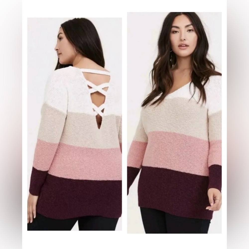 Torrid Colorblock V-neck Cross BackLong Sleeve Sweater size 2